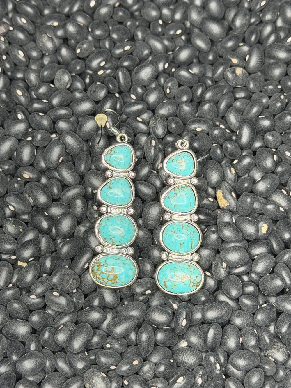 Faux Turquoise Drop Statement Earrings - Silver Tone